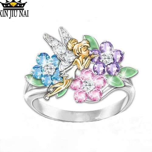 Cute Floral fairy Colorful Zircon Stone Silver Enamel Rings for Women Girls Engagement Fashion Jewelry Gift for Daughter