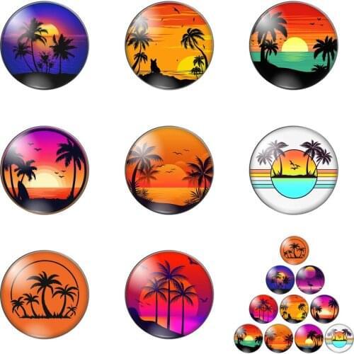 Beautiful Coconut Palm Scenery Sea Gull Setting Sun12mm/20mm/25mm/30mm Round Photo Glass Cabochon Demo Flat Back Making Findings