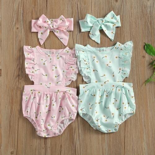 Summer Lovely Baby Girls Bodysuits Sunflowers Print Ruffles Short Sleeve Jumpsuits Headband