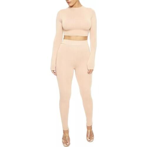 Summer New Womens Wear Long-sleeved T-shirt Middle-waisted T-shirts Pink Two-piece suit