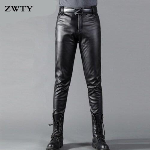 ZWTY Mens Business Slim Fit Summer Stretchy Black Faux Leather Pants Male Elastic Tight Trousers PU Leather Shiny Pencil Pants