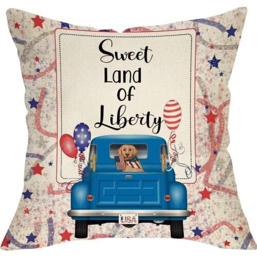 Softxpp USA July 4th Blue Truck Decorative Throw Pillow Cover, Sweet Land of Liberty Quote Dog Cushion Case Summer American