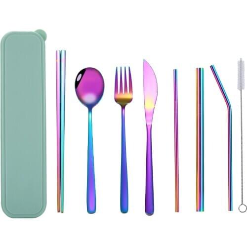 Stainless steel cutlery set Reusable cutlery set Travel tableware set straw fork knife brush spoon camping office school lunch