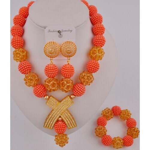 Latest Orange and Champagne Gold Women Costume Jewelry Set Nigerian Wedding African Necklace Beads Sets SP-2-5