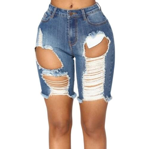 New Women Plus Size Sexy Holes Knee Length Jeans Denim Shorts