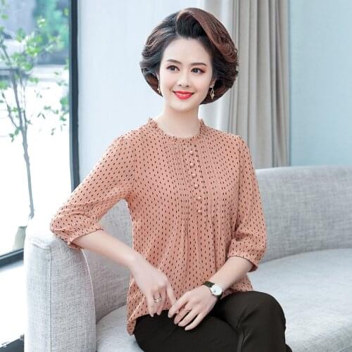 New 2021 Summer Women Blouses Chiffon Shirt Loose 3/4 Sleeves Lace O-neck Bottoming Shirt Female Pearl Button Tops Blusa Dot 5XL