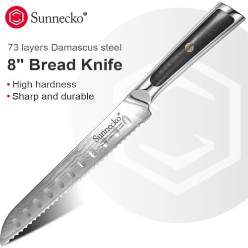 Sunnecko 8" Bread Knife Damascus Steel Blade Kitchen Knives Japanese VG10 Core G10 Handle Bread Slicer for Breakfast