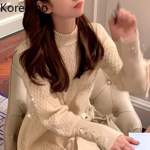 Korejepo Women Sweater Dress 2021 Autumn Winter Bottoming Sweater Waist Thin Temperament Half-high Collar Knitted Short Dress