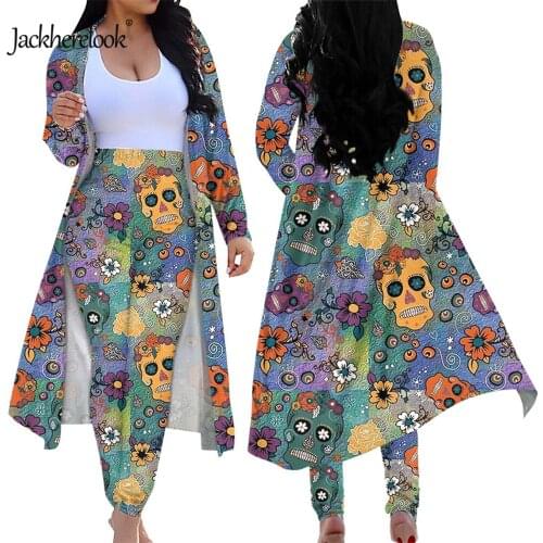 Jackherelook Casual Womens 2 Piece Outfits Sugar Skull Print Fashion Open Front Cardigan High Waist Tight Suit Pants Two-piece