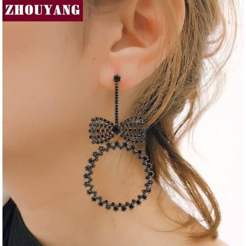 ZHOUYANG Drop Earrings For Women Sweet Girl Hollow Out Bowknot Hoop CZ Black Gold Color Birthday Party Gift Fashion Jewelry E053