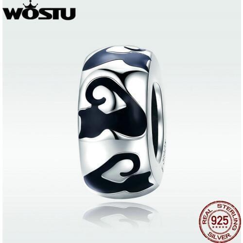 WOSTU Real 925 Sterling Silver Cute Cat Round Charm Beads Fit Original Bracelet Pendant Woman Fashion DIY Jewelry Gift DXC825