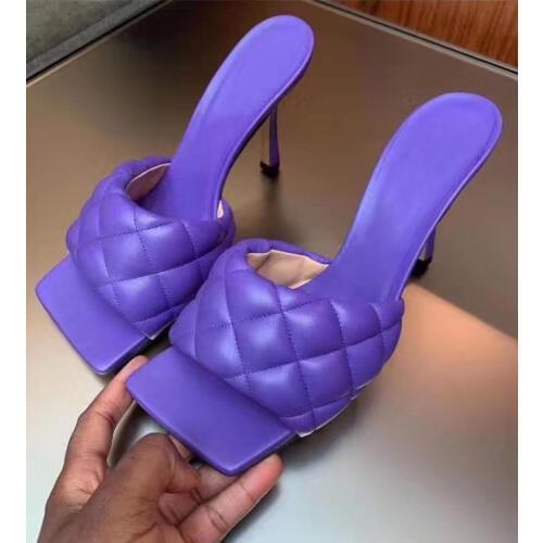 Chic Rhombus Women Slides Square Toe Summer Sandals 9CM Sexy Ladies High Heels Party Beach Shoes Purple Slippers