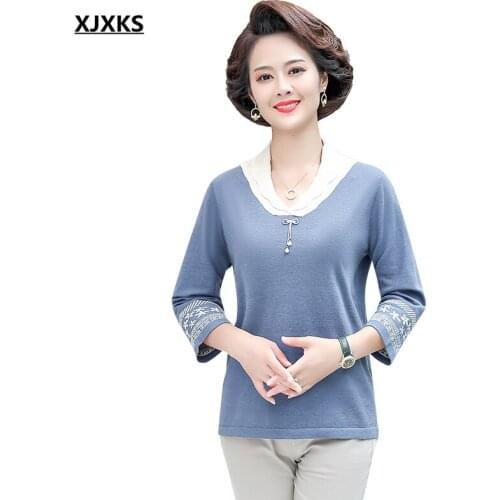 XJXKS 2021 autumn new fashion lapel three-quarter sleeve sweater women pullover comfortable casual women sweater