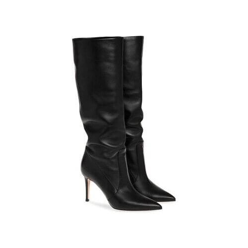 New Style Ladies Black Leather pointed Toe Stiletto Kitten High Heel pleated Knee High boots Shoes Women Autumn Winter Big Size