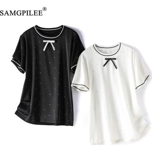 Summer Tees For Woman 2021 New Fashion Korean Style Hot Rhinestone O Neck Bowknot Elastic Stitching Women T-shirts Plus Size 4XL