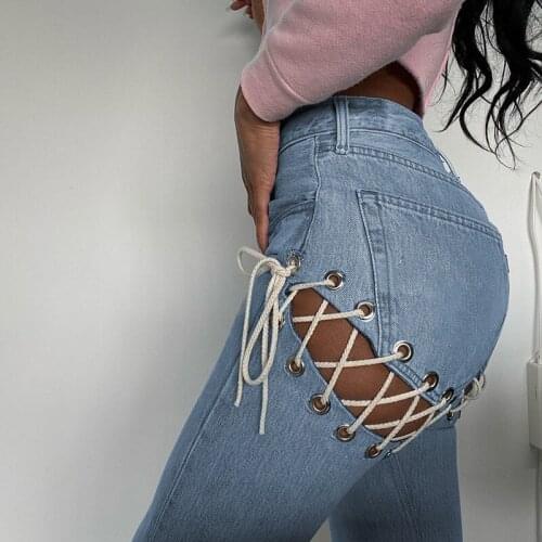 Lace Up Cross Bandage Patchwork Women High Waist Straight Jeans Hollow Out Sexy Streetwear Party Club 2021 Spring Summer