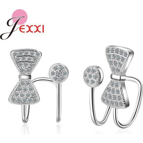 Sweet Bowknot Clip Earrings Solid 925 Sterling Silver Austrian Crystal Pave Setting Twisted Ear Jewelry Accessories for Female