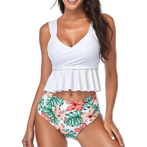Womens Tankini swimsuit High Waisted Bikini Bathing Suit Tummy Control Ruffled Hem Top Swimwear 2 Piece Swimwear 2XL Beach Wear