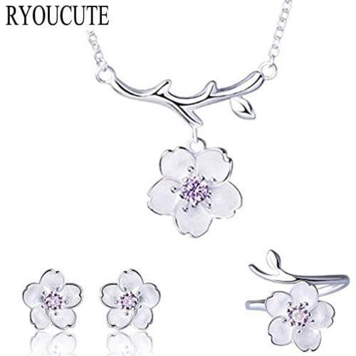 RYOUCUTE Trendy Wedding Bridal Jewelry Silver Color Cherry Blossoms Flower Choker Necklaces Ring Set for Women Party Gift