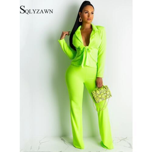 Sexy Neon Green Office Lady Two Piece Co ords Suit Women Lace Up Bow Blazer Top Wide Leg Pants Elegant Matching White Outfit Set