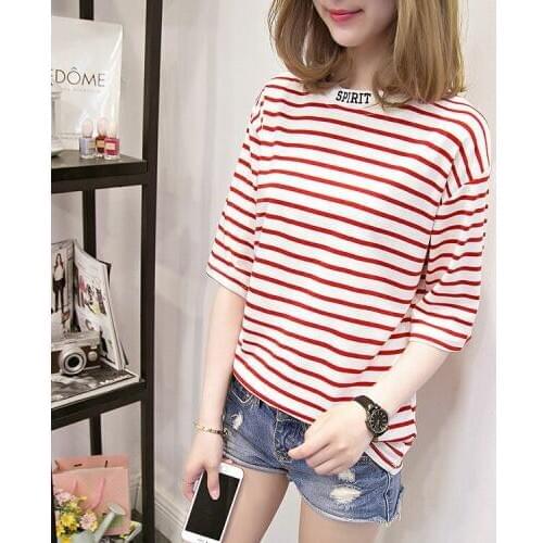 2018 summer neckline embroidered stripes women T-shirt, Korean version loose and thin, bottom girl students Shirt LQ0124
