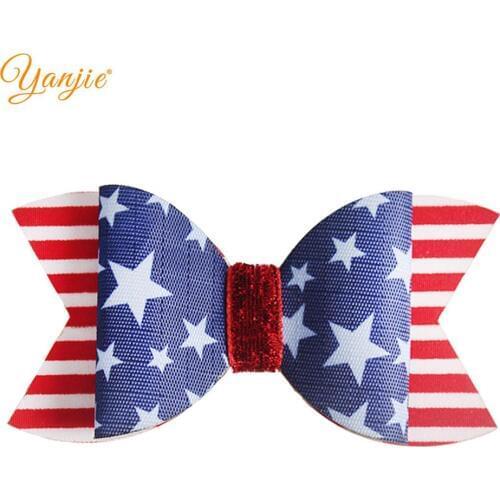 2021 July 4th Kids Girls 3.5'' Leather Hair Bow Barrette Hair Clips Printed DIY Hair Accessories Solid Elastic Nylon Headband