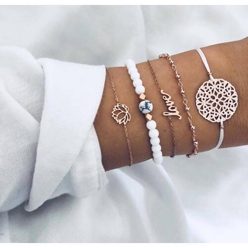5PCS/Set Handmade White Beaded Bracelets For Women Bohemian Carved Love Letter Lotus Flower Round Charm Bracelets Boho Jewelry