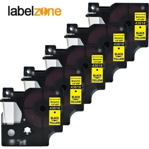 5Pack 43618 6mm*7m black on yellow compatible Dymo D1 6mm label printers D1 43618 for dymo label manager LM160 LM280 label maker