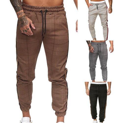 Casual Men Trousers Pockets Stripe Plaid Print Drawstring Long Pants Ankle-Tied Trousers Fashion Sport Pencil Jogger Pants