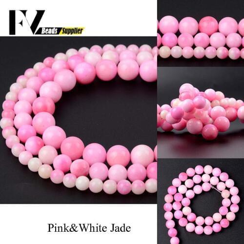 6mm 8mm 10mm Smooth Round Pink & White Jades Beads Natural Stone Spacer Beads for Jewelry Making Bracelet Necklace Accessories