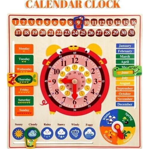 Wooden Multifunctional Calendar Clock Childrens English Early Childhood Education Puzzle Hanging Board