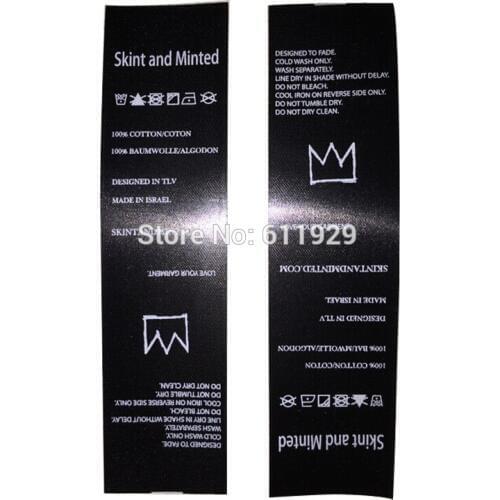 Free shipping custom black silk care labels/clothing screen printing tags/washable labels/never fading labels/brand printing