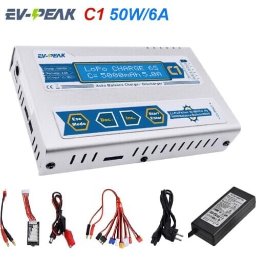 EV-PEAK C1 50W 6A 1-6S Balance Charger With JST_XH Adapter Board For LiPo LiFe NiMH NiCd Battery