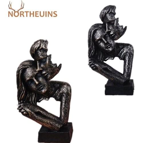 NORTHEUINS 29.5cm Resin Lover Figurines For Interior Vintage Couple Mask Statues Valentines Day Present Decoration Sculptures