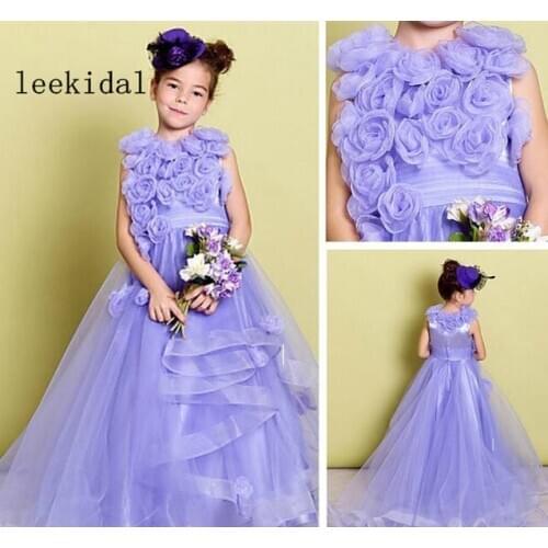 Purple Floral Flower Lace Flower Girls' Dresses Waist Flowers Floor Length Girls' Birthday Party Gown Photography Custom Made