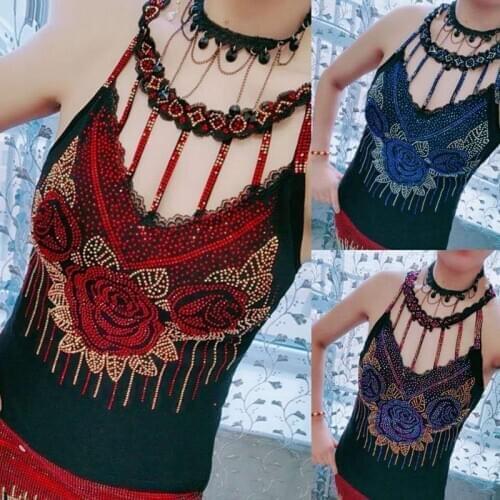 Bling Rhinestone Vest Rose Flowers Pattern Female High Elastic Halter Cotton Sexy Colorful Decorative All-Match Sling Vest