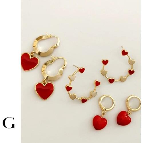 GHIDBK Dainty Red Heart Pendant Huggie Hoop Earrings Minimalist Statement Gold Charm Earring Circle Fashion Street Style Earring