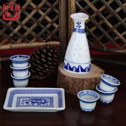China Jingdezhen blue and white exquisite ceramic wine bucket suit Chinese traditional vintage wineware baijiu pot cup tray set