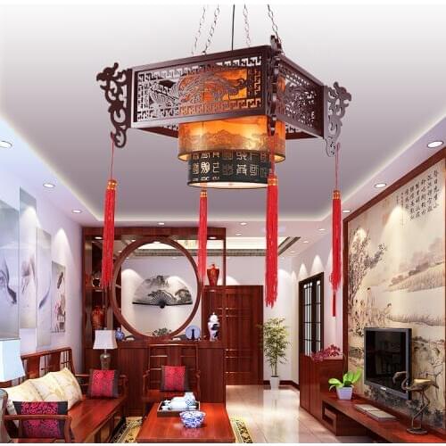 Chinese Pendant Lights antique wood art restaurant lights bar Longfeng send classical restaurant sheepskin square Pendant Lamps