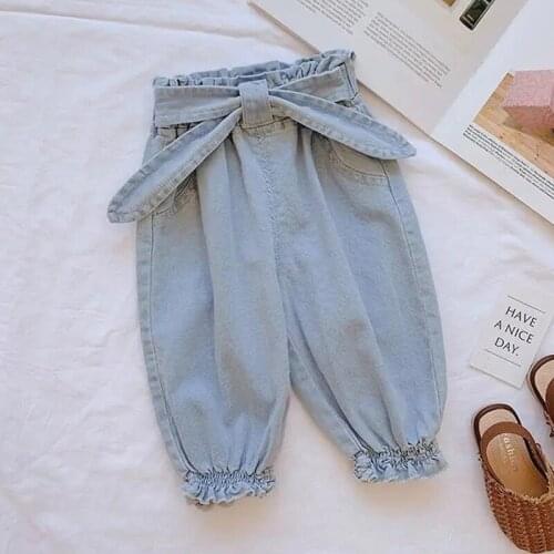 Summer Kids Girls Boys Jeans New Fashion Casual Solid Light Washed Pants Children Bow Cute Korean Style Loose Clothing For 1-5Y