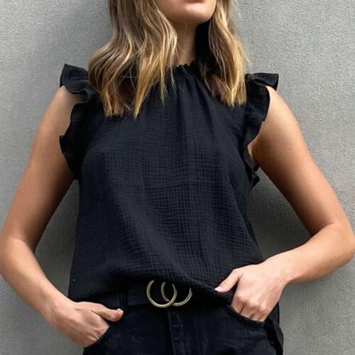 Fashion Women shirt Solid Ruffles O-Neck Ruffled Vest T-Shirt Sleeveless Casual clothing Tee Tops for women casual топ женский