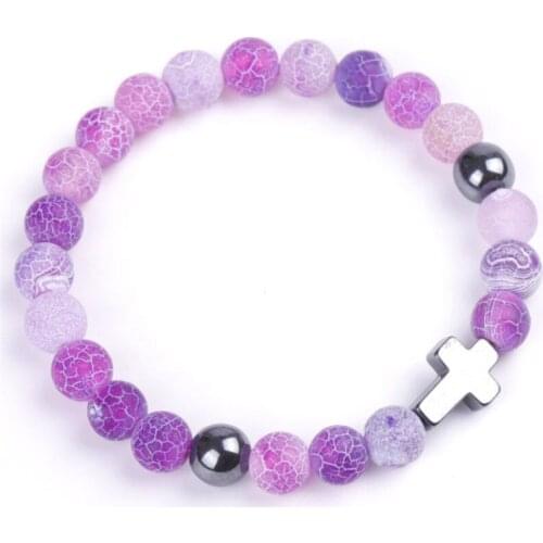 Trendy 8mm Beads Rosary Jesus Cross Charm Weathered Stone Men Bracelet Color Stone Bracelets Bangles for Women Yoga Jewelry