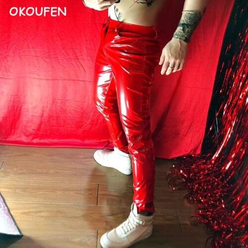 2018 New Man Red Slim Stretch Paint Leather Pants Costumes Nightclub Male singer DJ Stage party show dance trousers