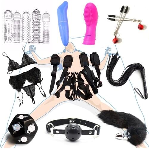 10pcs BDSM Bondage Set Vibrator Sex Toys For Women Couples Handcuffs Whip Mouth Gag Tail Plug Love Dice Adult Games Erotic Shop