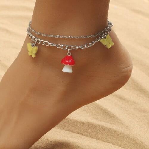 New Arrival Boho Metal Geometric Anklets Womens Bohemia Butterfly Mushroom Alloy Double Pendant Anklets Jewelry for Girls