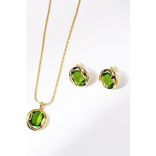 Amaiyllis 18K Gold Retro Green Crystal Choker Necklace Pendant Fashion Trend Ear Clips For Female Jewelry