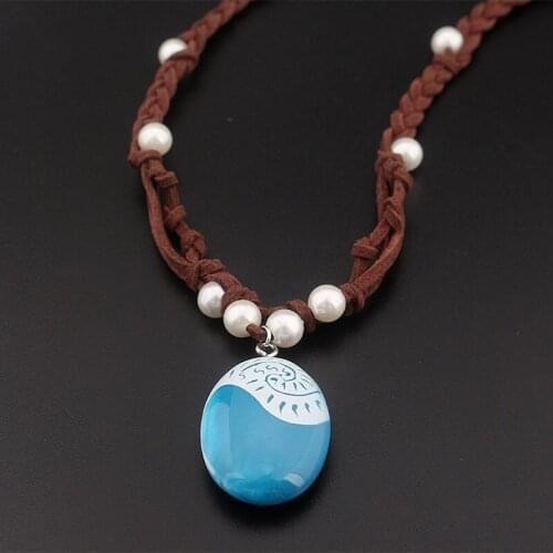 Moana Ocean Rope Chain Necklaces Blue Stone Necklaces & Pendants Leather Suede Choker Necklace For Women Girls Jewelry Gifts