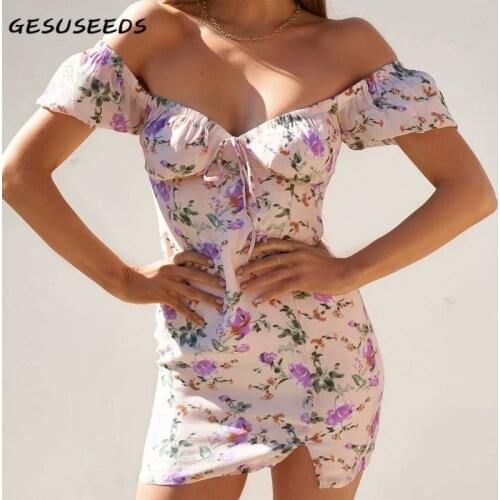 Sexy off shoulder dress summer women dresses short sleeve mini dress floral print chiffon dresses pink bow split dress holiday