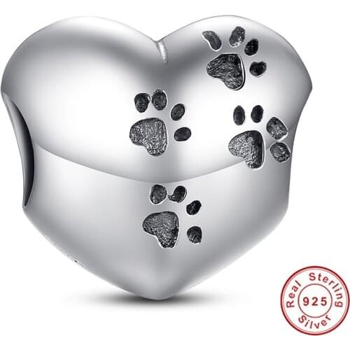Authentic 925 Sterling Silver My Sweet Pet Paw Print Charm Fit Bracelet Necklace Heart Bead Accessories Jewelry Making 001