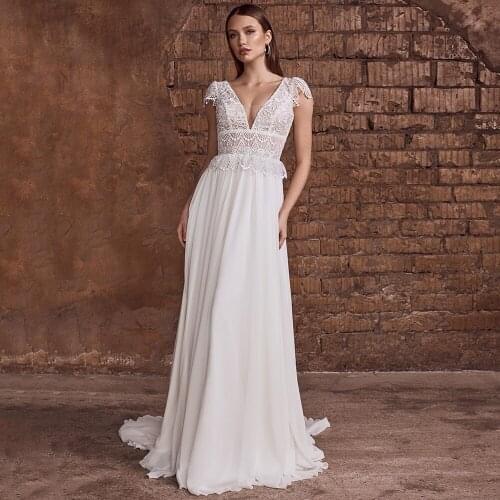 A-LIne Chiffon Plus Size Wedding Dresses Sexy V-Neck Cap Sleeve Corset Lace Appliques Sweep Train Customizable Bridal Gowns 2021